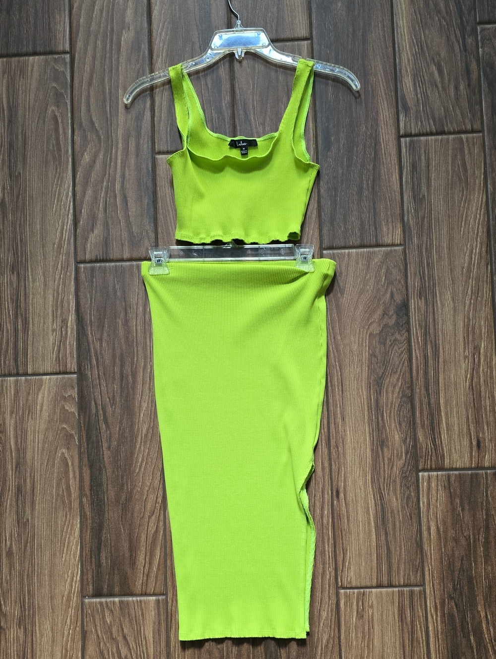 Lulu's Neon Lime Ribbed Midi Skirt Set